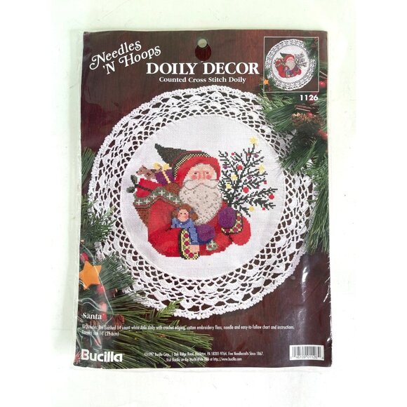 Christmas Cross Stitch Santa Vintage 1997 Needles N Hoops Doily Decor Bucilla - Picture 2 of 4